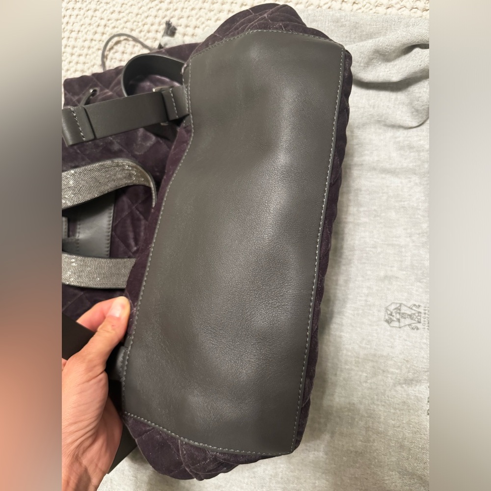 Brunello Cucinelli Purple Velvet Grey Leather Backpack - Picture 5 of 7